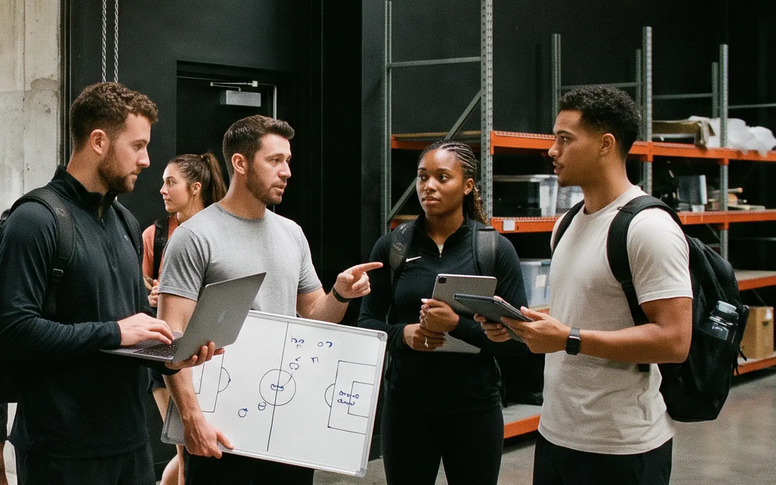 Athletes and a coach work through a game plan with laptops and a tablet